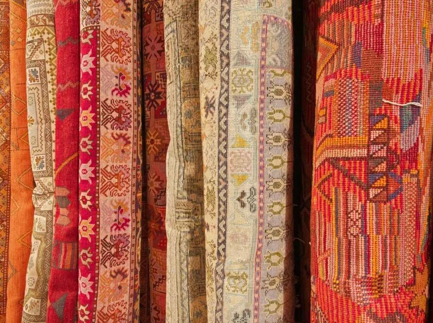 Rows of rolled colorful rugs showcasing intricate patterns and durable materials, ideal for understanding which rugs last the longest.