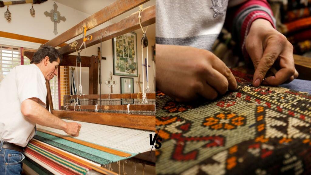 A split image showing two different aspects of textile craftsmanship. On the left, a man works on a traditional wooden loom, weaving colorful fabric in a well-decorated room. On the right, a close-up of hands carefully stitching or repairing a woven rug with intricate patterns in warm colors. The "VS" symbol between the images suggests a comparison between two different techniques or processes in rug or textile production—loom weaving versus hand-stitching.







