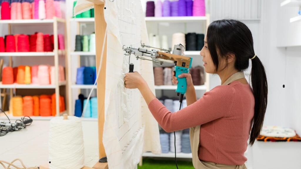 A young woman working in a textile studio using a tufting gun to create a rug on a large fabric frame. She is focused on the task, carefully guiding the tool. Behind her, shelves are filled with colorful spools of yarn in various shades of red, pink, green, blue, and purple, creating a vibrant backdrop. The scene highlights modern rug-making techniques and the creative use of tools in a well-organized, artistic workspace.
