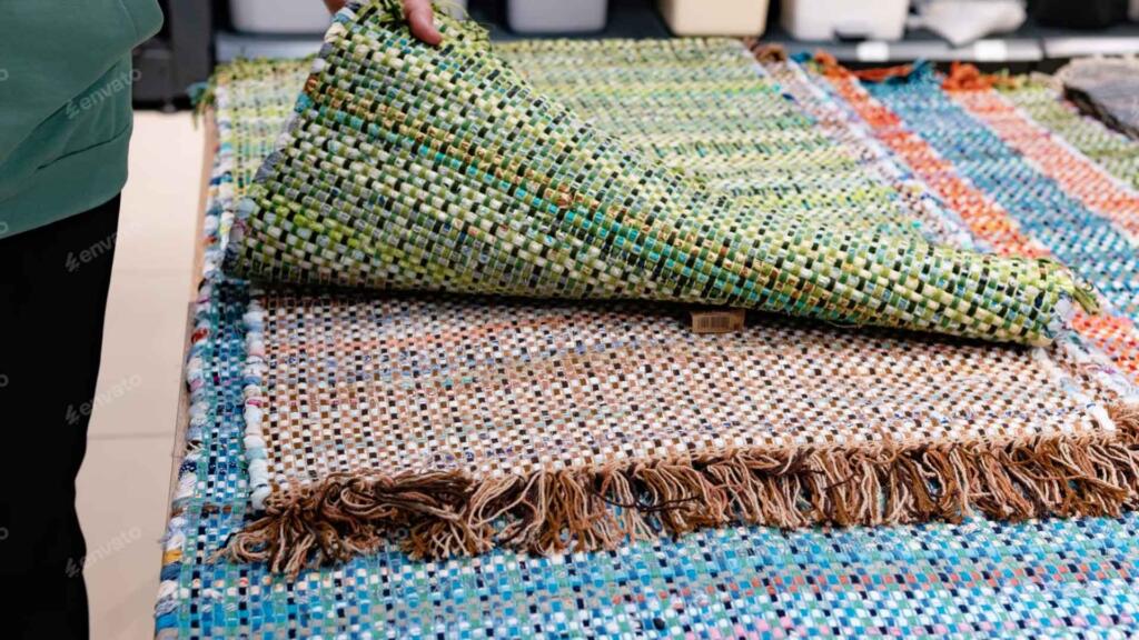 A person examining a handwoven rug with vibrant colors and intricate patterns, showcasing the texture and quality of the woven fabric with fringed edges.






