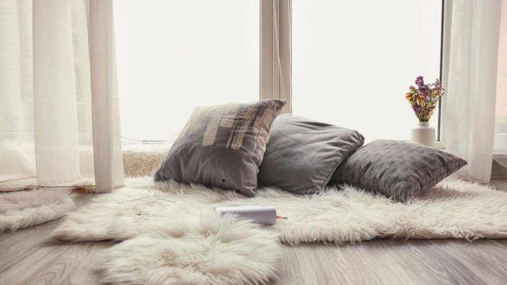 Cozy living space with fluffy, white area rugs, soft cushions, and natural light from a large window, creating a warm and inviting relaxation corner.