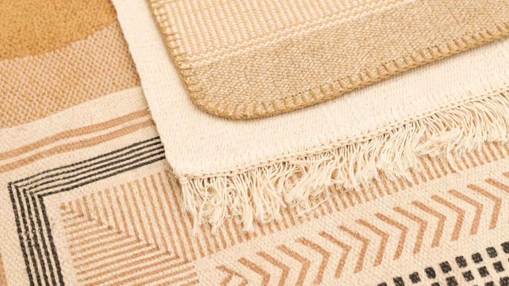 Collection of natural-colored rugs with fringed edges, showcasing different weaving techniques.