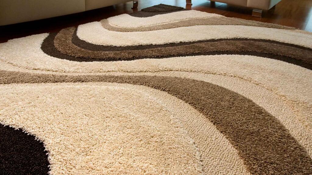 Elegant custom-designed carpet with a beige and brown wave pattern, crafted by a leading custom-designed carpets manufacturer, ideal for modern living spaces.