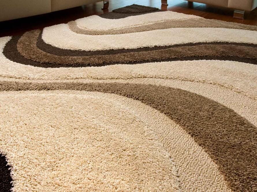 Elegant custom-designed carpet with a beige and brown wave pattern, crafted by a leading custom-designed carpets manufacturer, ideal for modern living spaces.