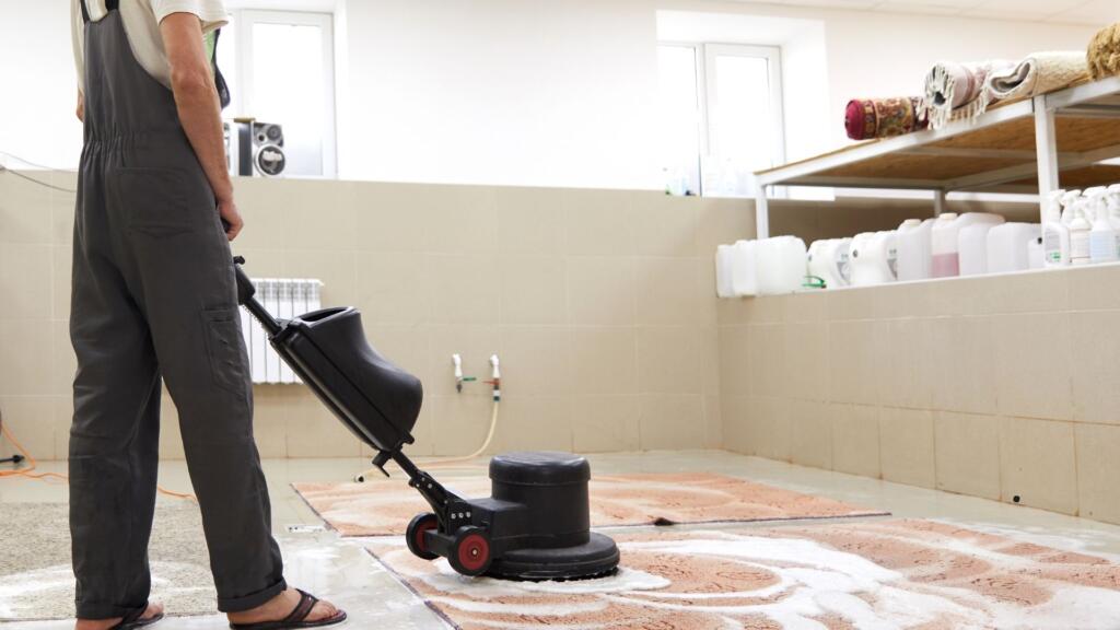 Person vacuuming a rug to maintain its cleanliness and appearance.