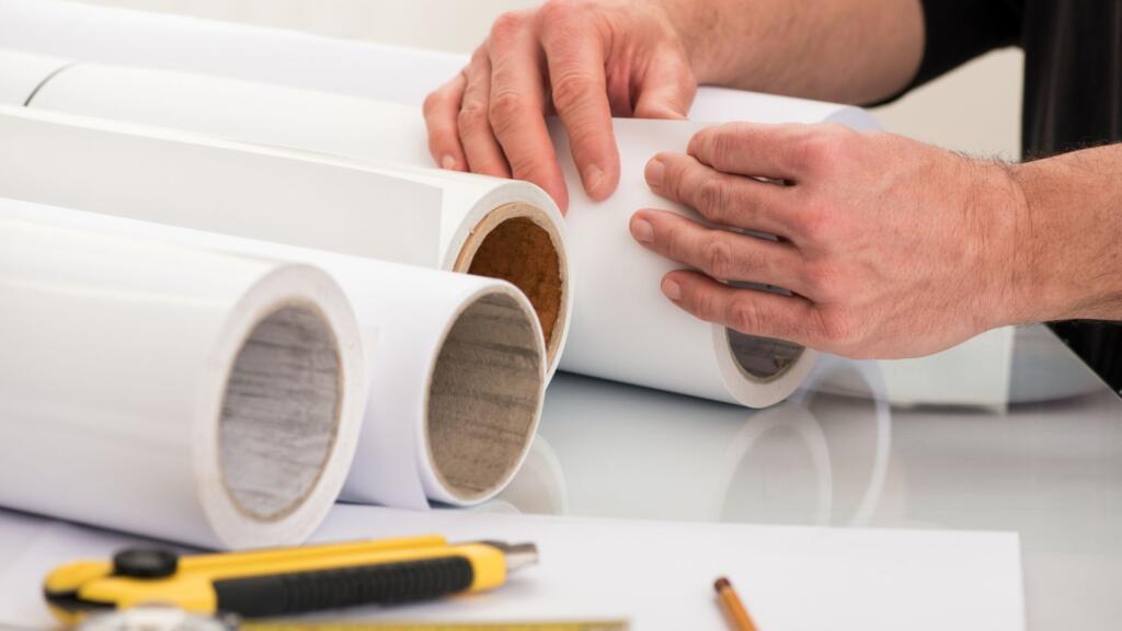 A person carefully examining rolls of different materials to choose the best one for a project.