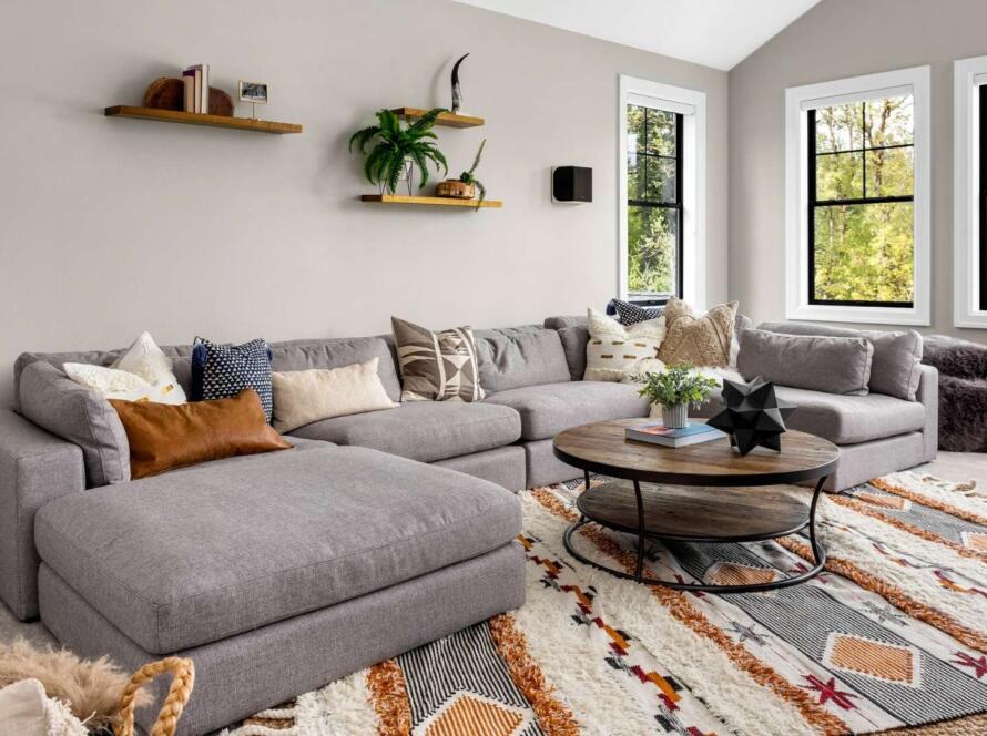 Custom size area rug in living room crafted by a high-quality manufacturer