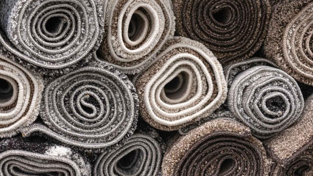 Rolled-up custom shape carpets in neutral shades, showcasing the textures and quality of the fabric.