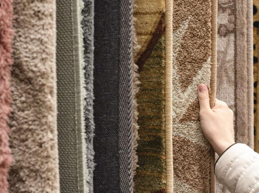 A variety of custom shape carpets in different textures and patterns displayed vertically, with a person touching one of the designs.