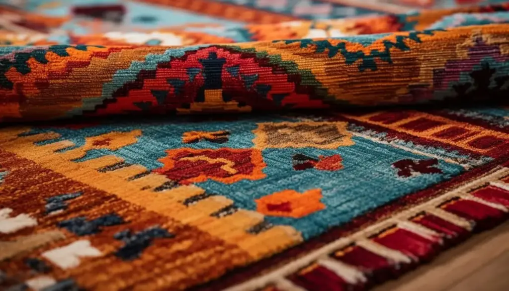 A close-up of several rolled-up rugs with intricate patterns and colorful designs displayed in warm lighting.