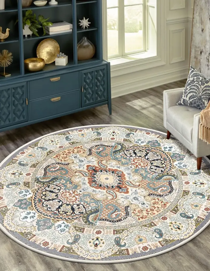 A round, intricately patterned rug with paisley and floral motifs in colorful shades of blue, orange, and beige, placed in a bright living room with elegant furnishings.