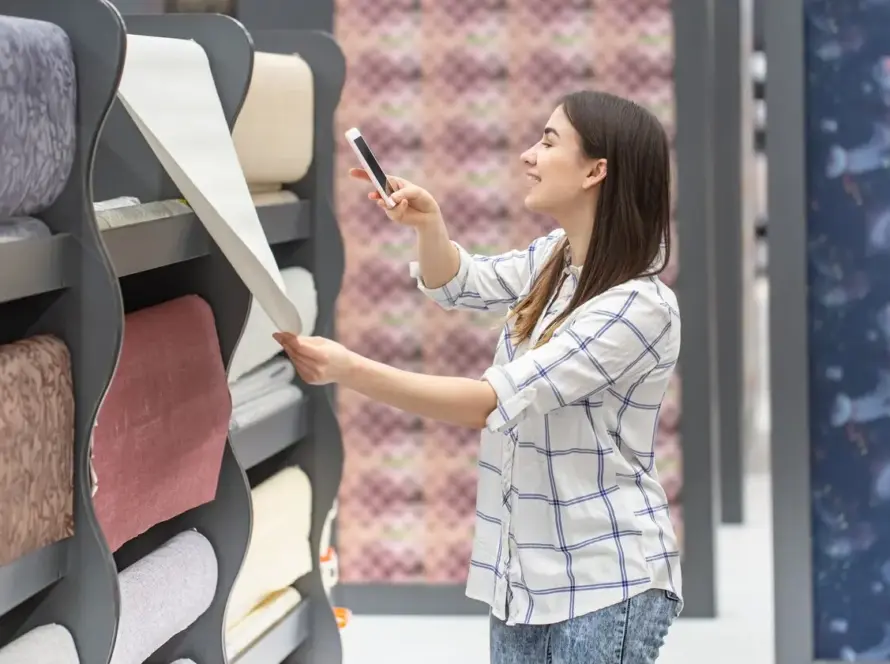 A woman in a plaid shirt browsing and taking a photo of fabric rolls in a home decor or textile store.