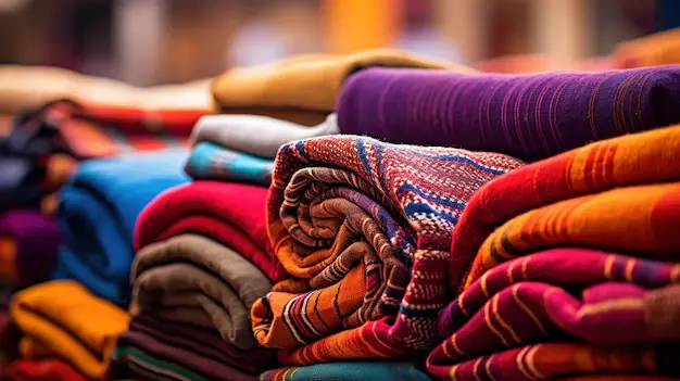 A stack of vibrant, handwoven textiles in rich colors and intricate patterns, neatly folded in a marketplace.