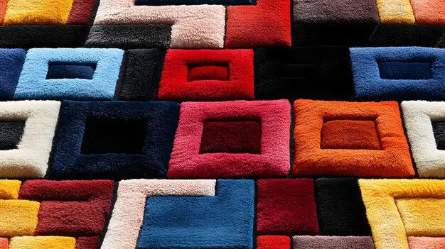A modern, artistic rug with a three-dimensional geometric pattern in bold, vibrant colors.